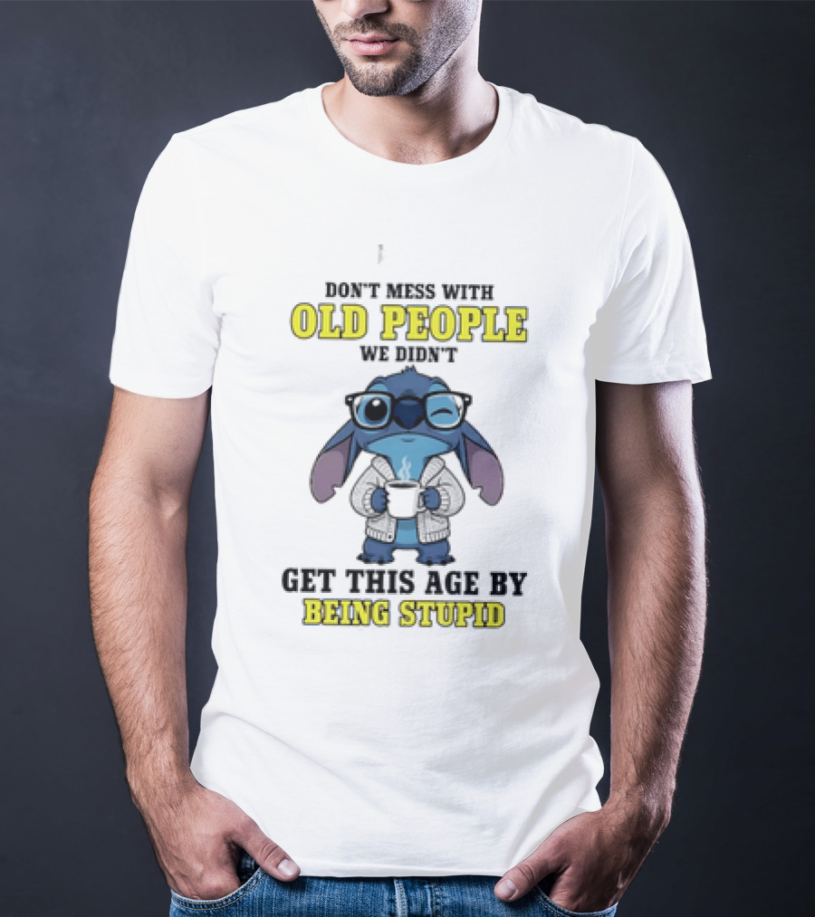 Stitch Don't Mess With Old People Winking Glasses Blue Character Image T-Shirt