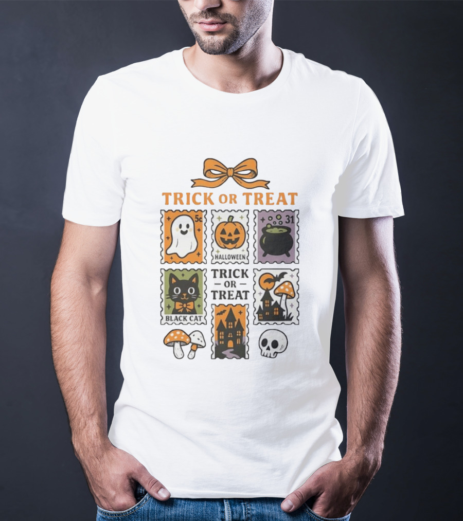 Trick Or Treat Halloween Ghost Pumpkin Cauldron Black Cat Haunted House T-Shirt