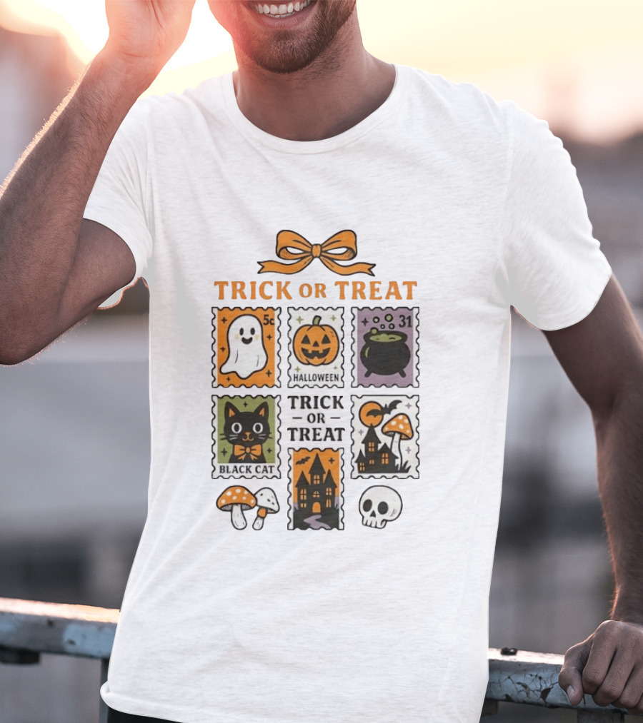 Trick Or Treat Halloween Ghost Pumpkin Cauldron Black Cat Haunted House T-Shirt