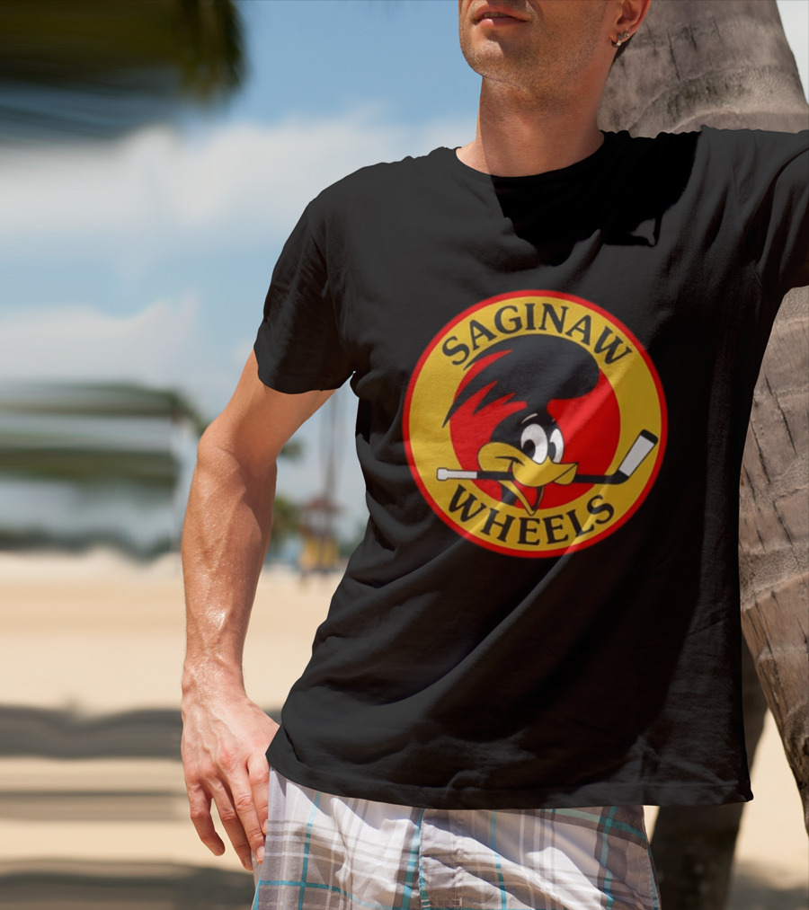 Saginaw Wheels Hockey Cartoon Character With Hockey Stick T-Shirt