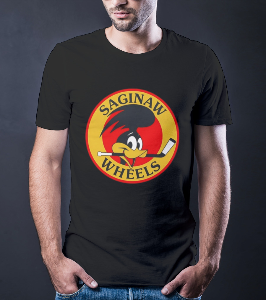 Saginaw Wheels Hockey Cartoon Character With Hockey Stick T-Shirt