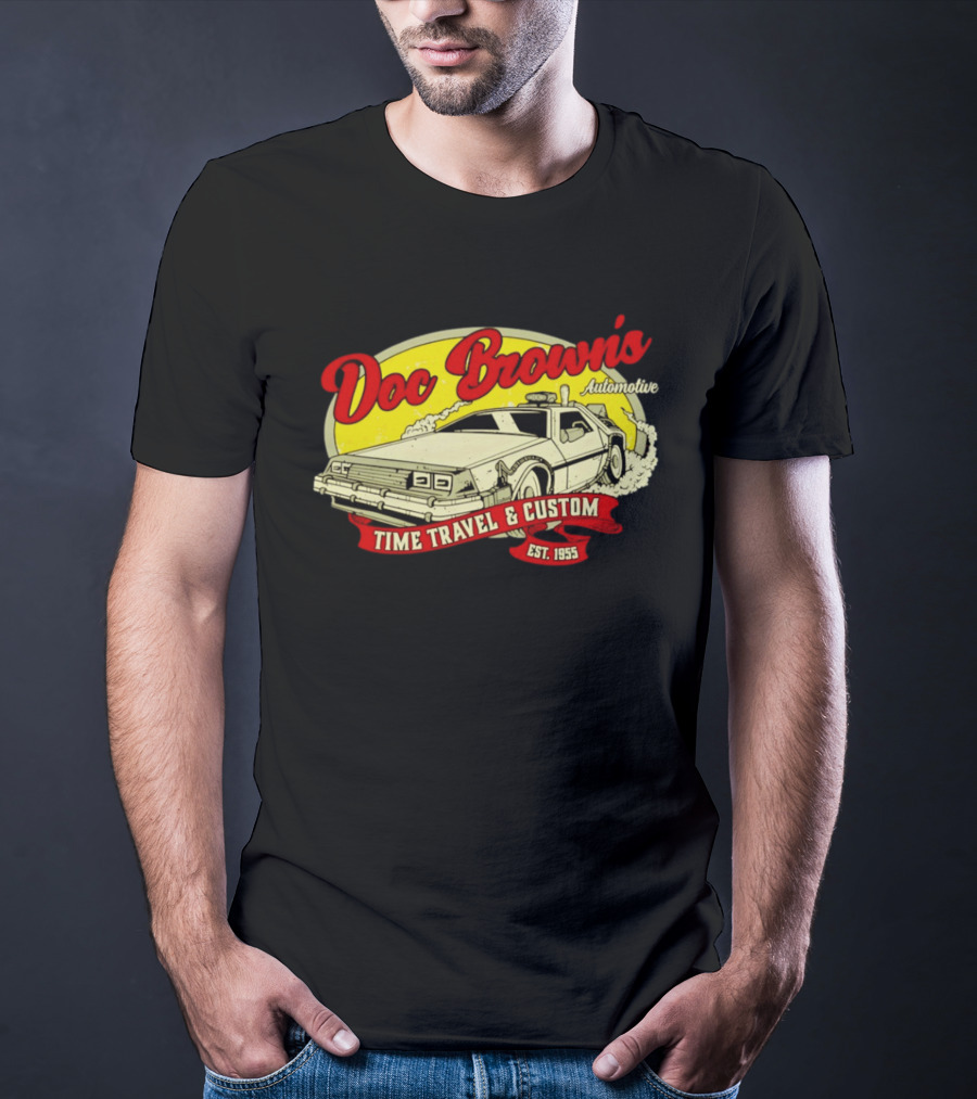 Doc Brown's Automotive Time Travel & Custom Est 1955 Classic DeLorean T-Shirt