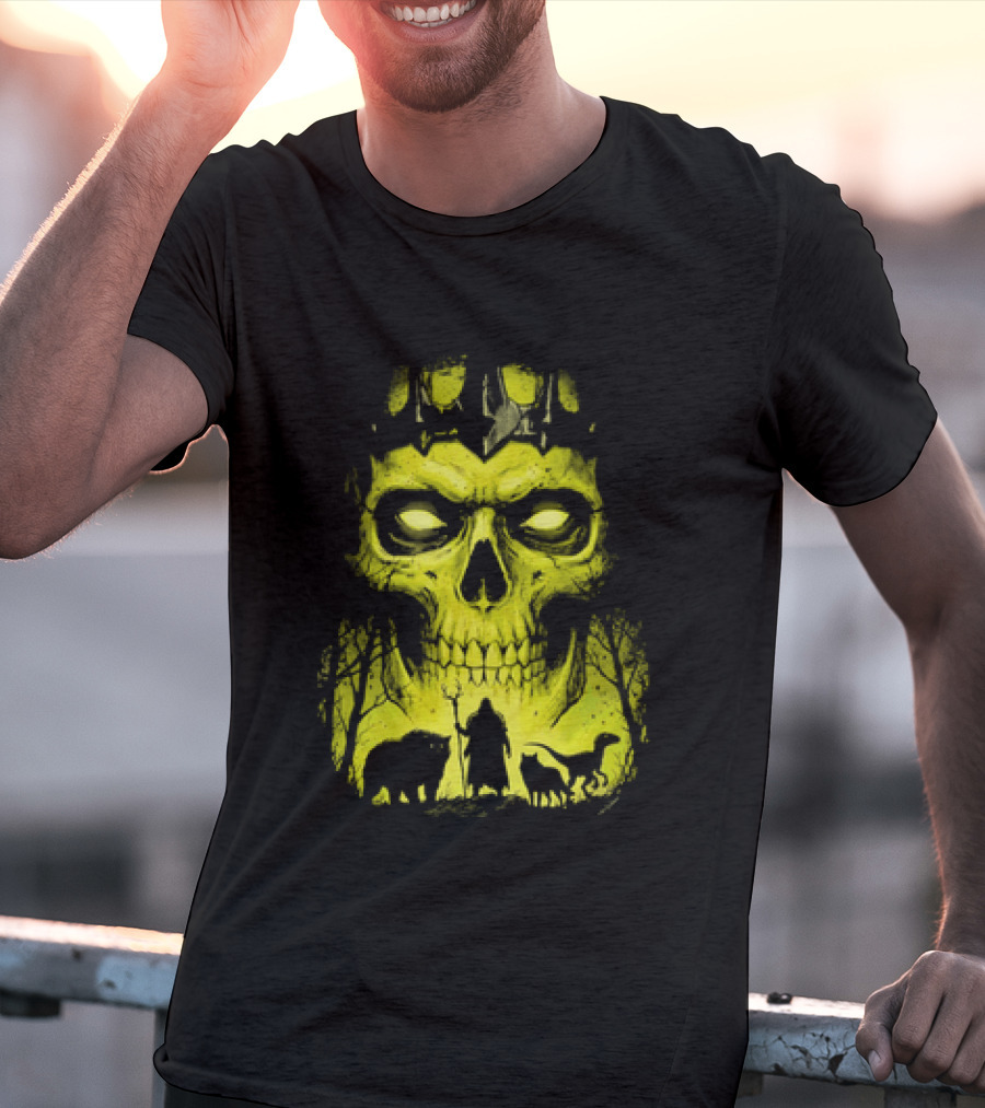 Lych Vs Druid Fantasy Dark Necromancer Skull T-Shirt