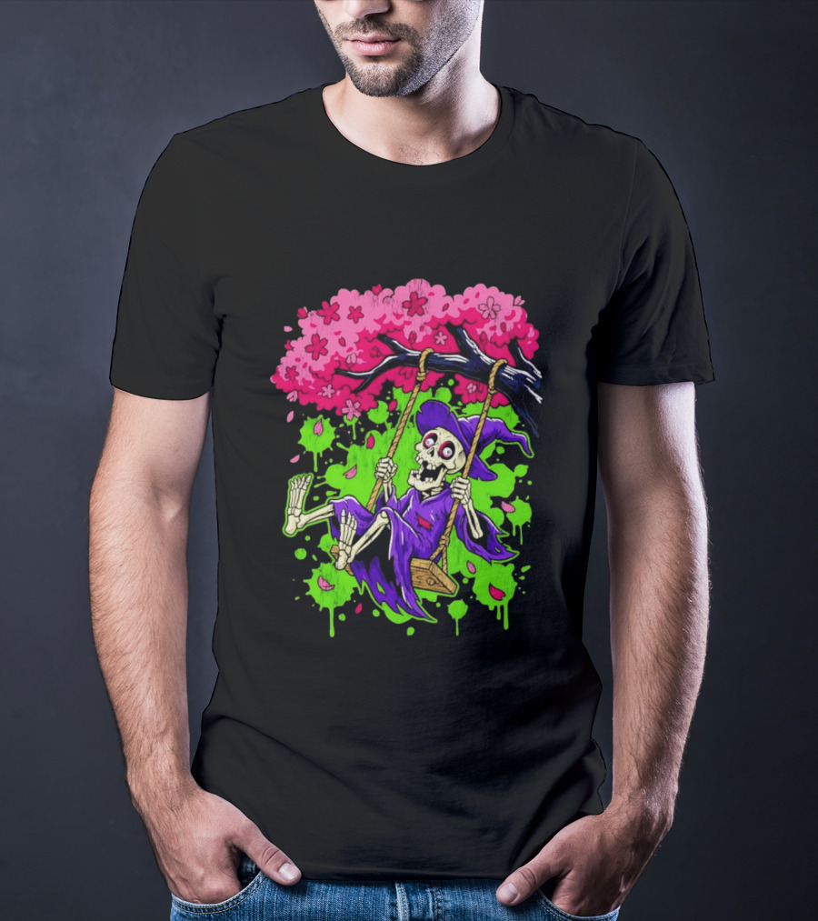 Morbid Whimsy Skeleton Witch Swinging Under Cherry Blossom Tree T-Shirt