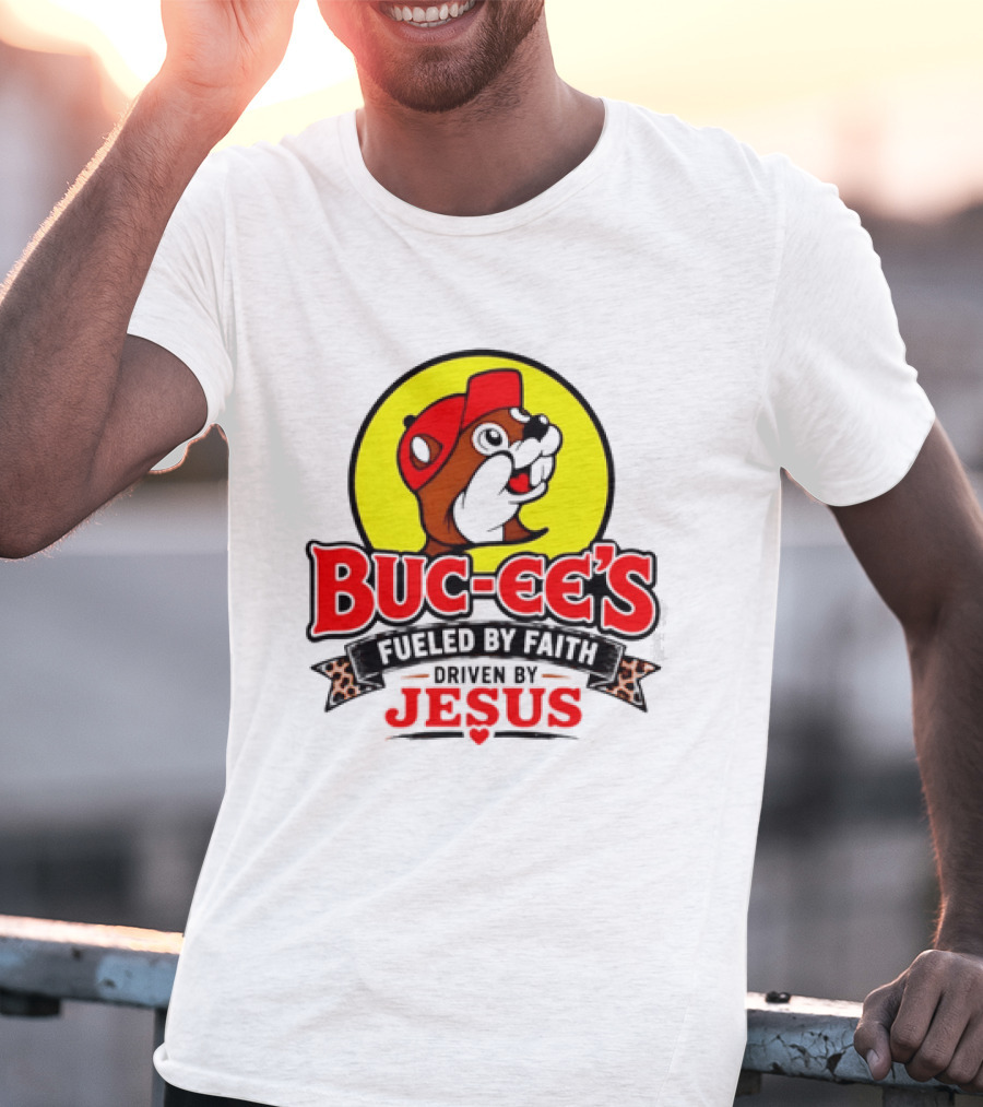 Buc Ee's Fueled By Faith Driven By Jesus Yellow Circle Red Cap T-Shirt