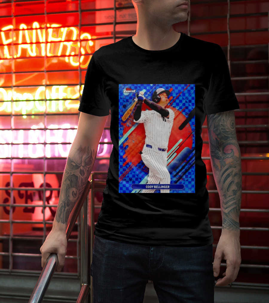 Cody Bellinger Topps Finest Baseball Card Blue Checkered Background Batting Pose T-Shirt