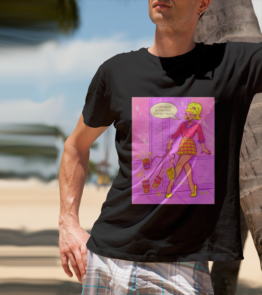 I Just Need My Emotional Support Treats Comic Style Girl With Drinks And Fries T-Shirt