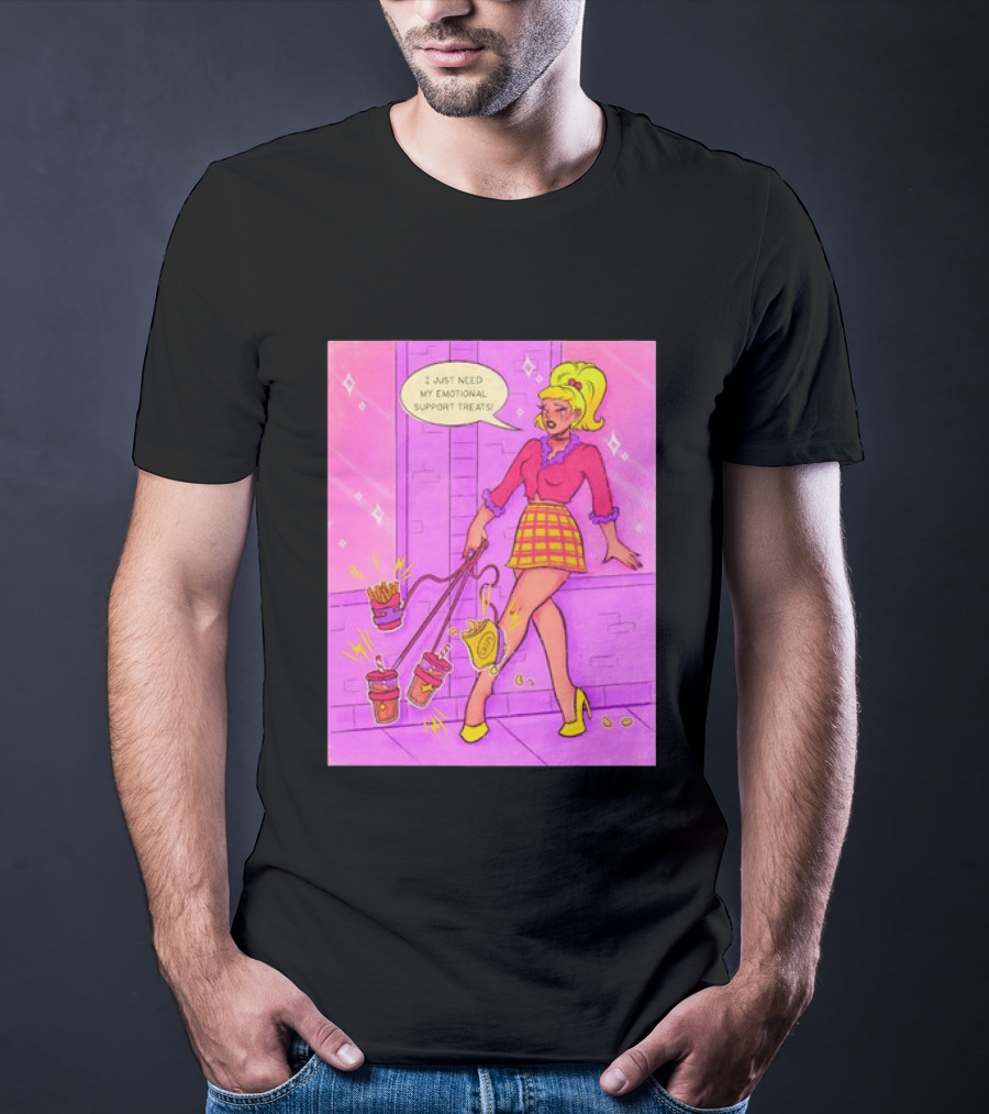 I Just Need My Emotional Support Treats Comic Style Girl With Drinks And Fries T-Shirt