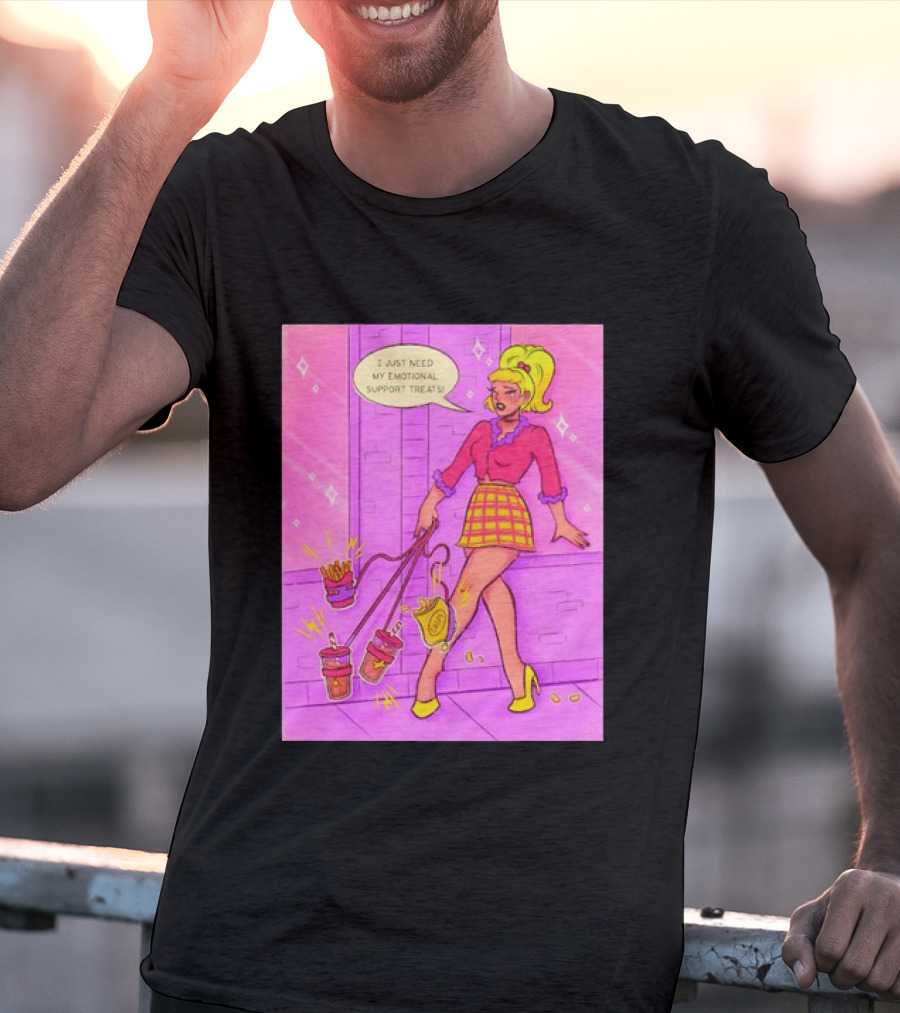 I Just Need My Emotional Support Treats Comic Style Girl With Drinks And Fries T-Shirt