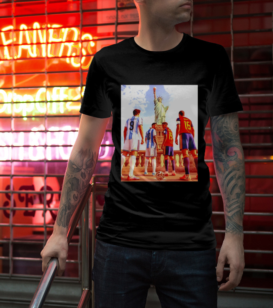 Lionel Messi J Alvarez Lamine Yamal Rodrigo Football Statue Of Liberty Argentina Spain Soccer T-Shirt