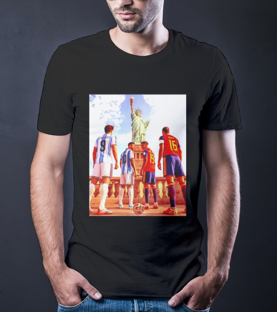 Lionel Messi J Alvarez Lamine Yamal Rodrigo Football Statue Of Liberty Argentina Spain Soccer T-Shirt