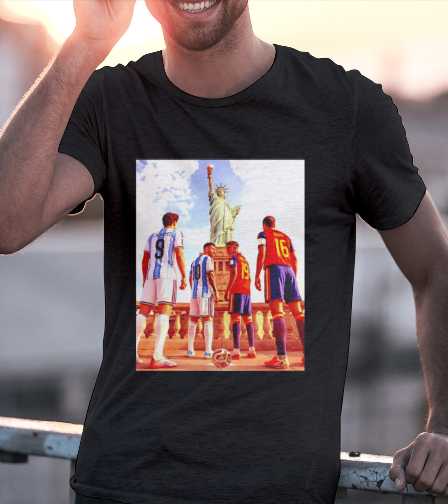 Lionel Messi J Alvarez Lamine Yamal Rodrigo Football Statue Of Liberty Argentina Spain Soccer T-Shirt