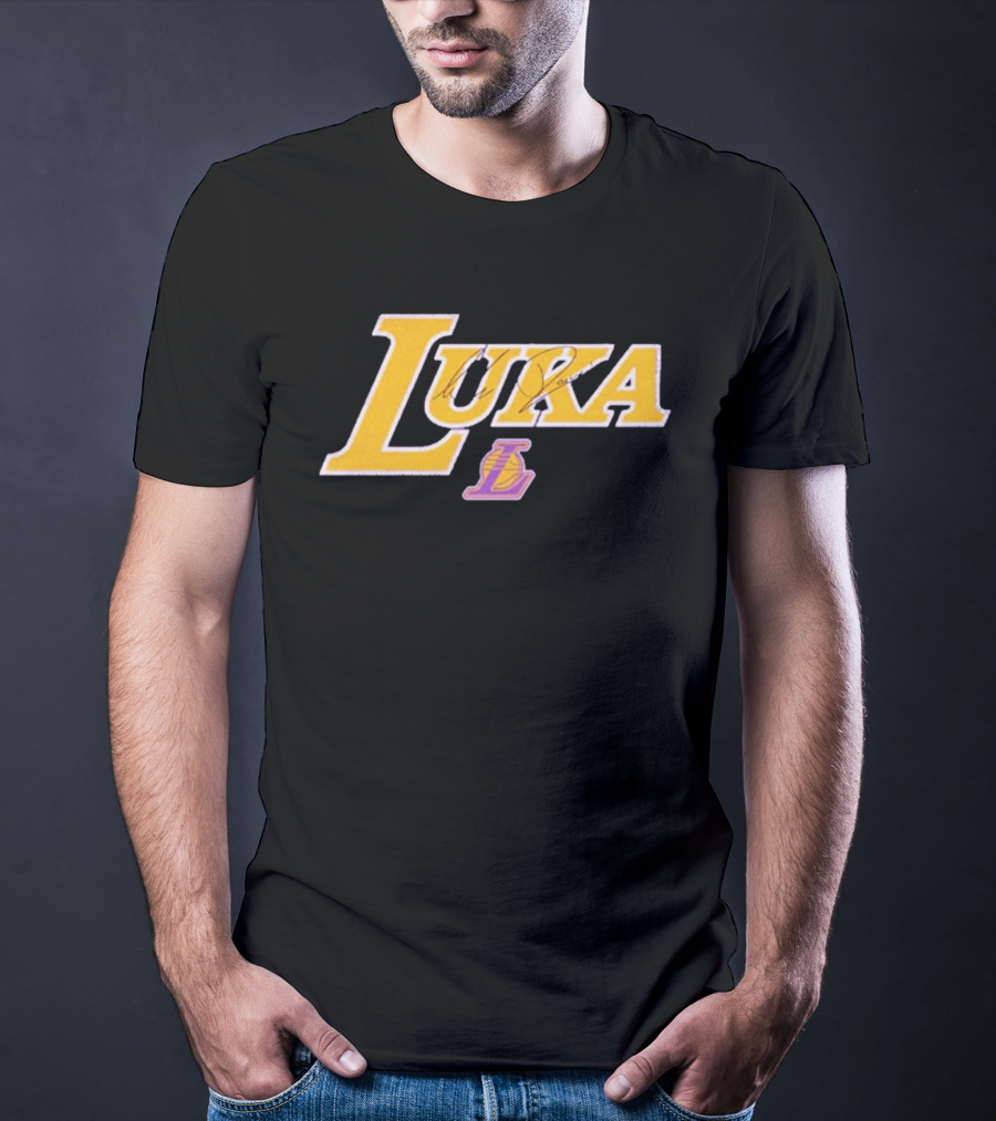 Luka Doncic Autograph Lakers Font Style With Los Angeles Basketball T-Shirt