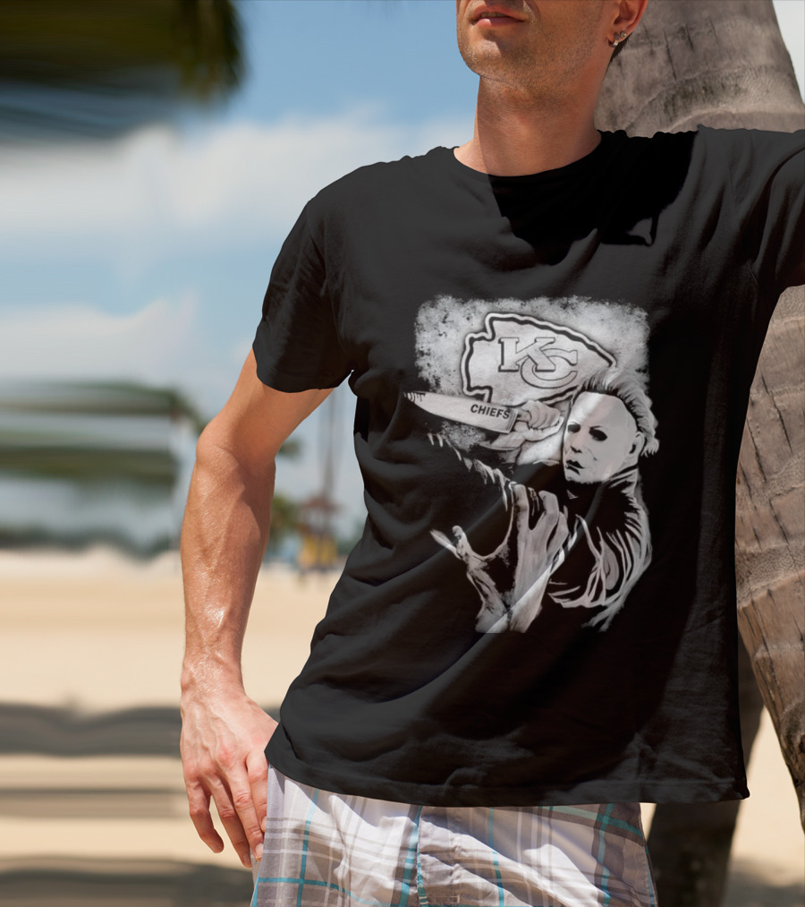 Michael Myers Holding Knife With KC Chiefs T-Shirt