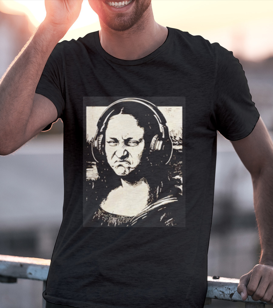 Mona Lisa Headphones Grumpy Expression Fusion T-Shirt