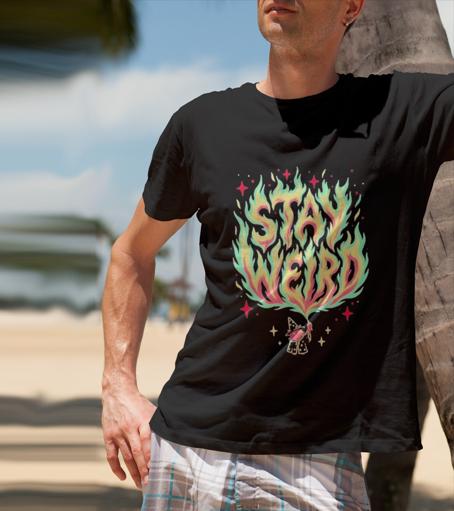 Stay Weird Magic Flames Wizard Cat Stars Cosmic T-Shirt