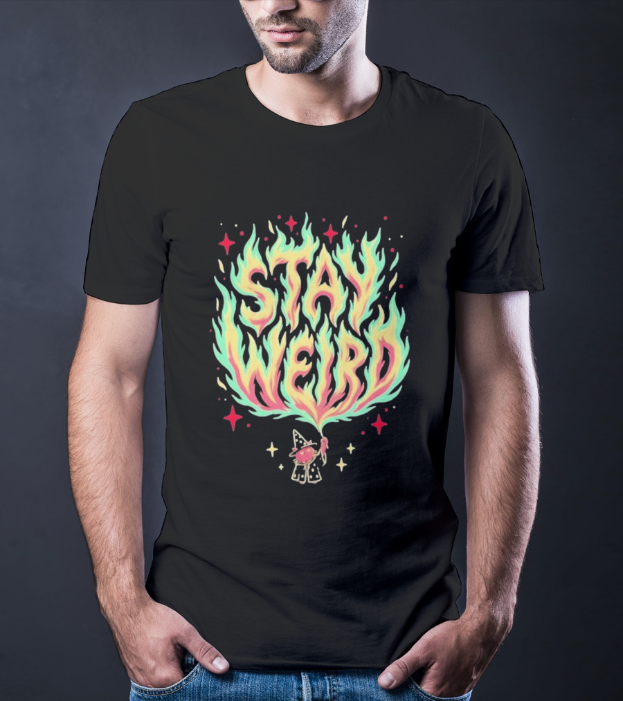 Stay Weird Magic Flames Wizard Cat Stars Cosmic T-Shirt