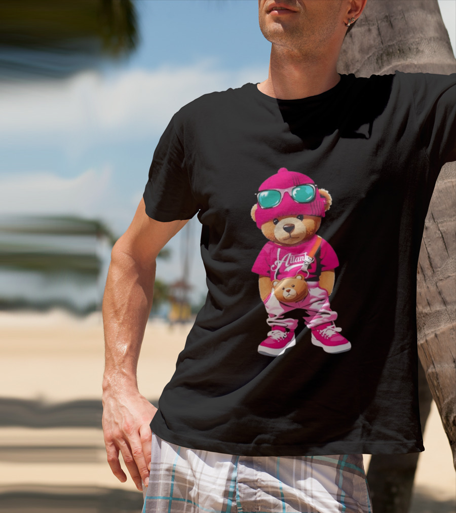 Ailan Teddy Bear Stylish Streetwear Outfit Pink Beanie Sunglasses And Bear Bag T-Shirt