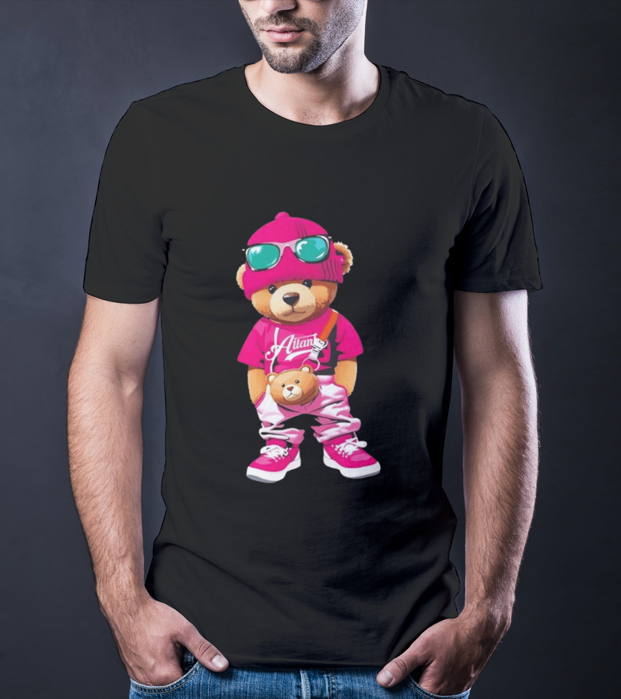 Ailan Teddy Bear Stylish Streetwear Outfit Pink Beanie Sunglasses And Bear Bag T-Shirt