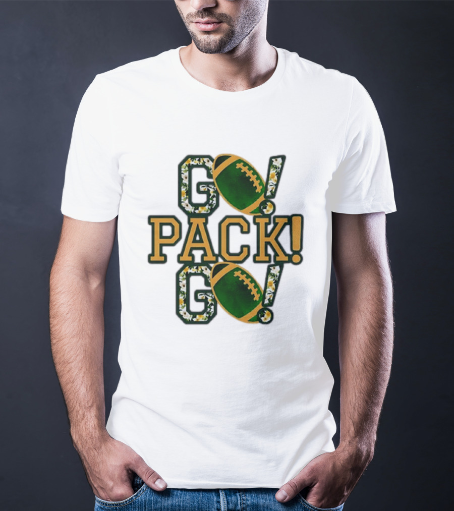 Packers Go Pack Go Football Floral Design With Green And Gold Footballs T-Shirt