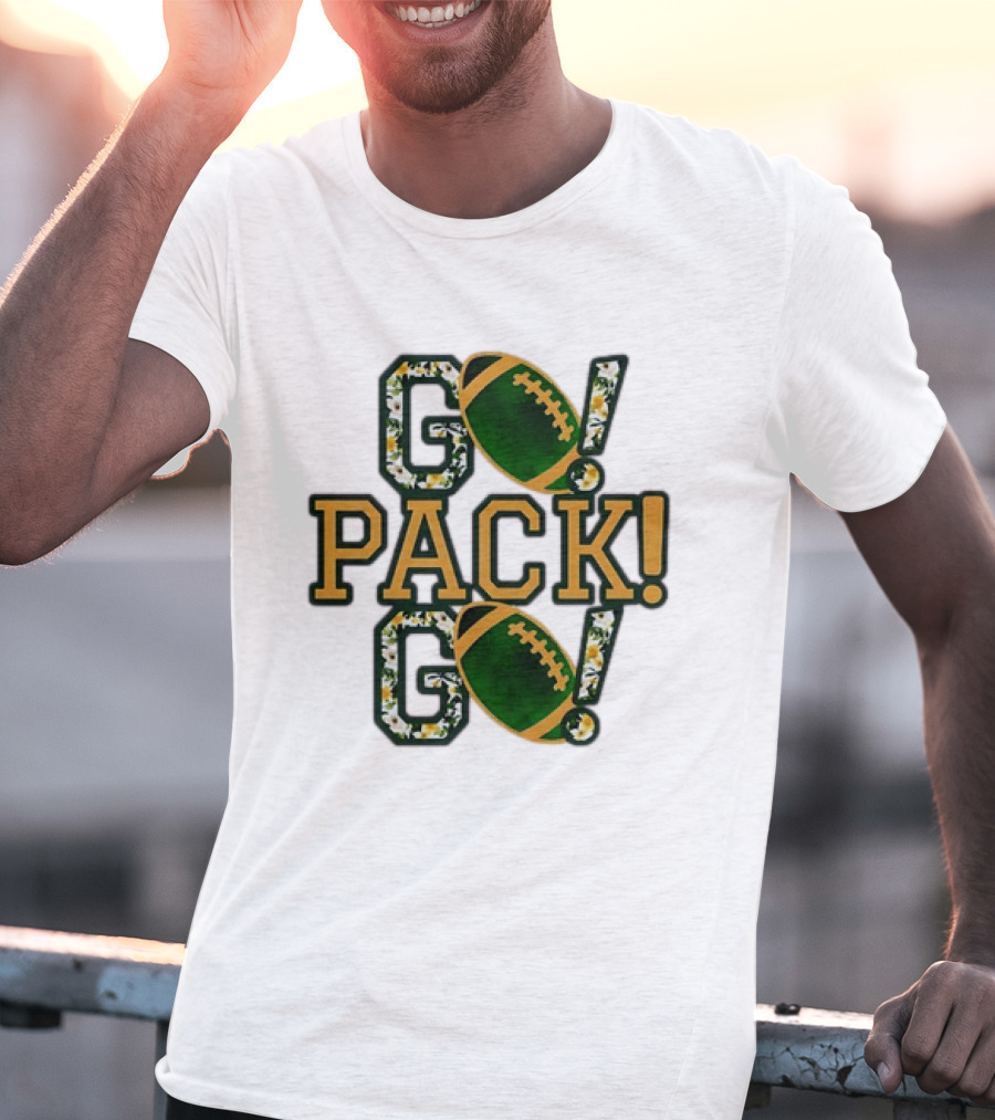 Packers Go Pack Go Football Floral Design With Green And Gold Footballs T-Shirt