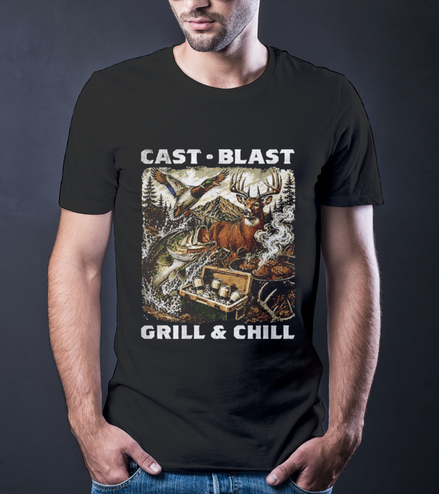 Cast Blast Grill & Chill Deer Fish Camping Scene T-Shirt