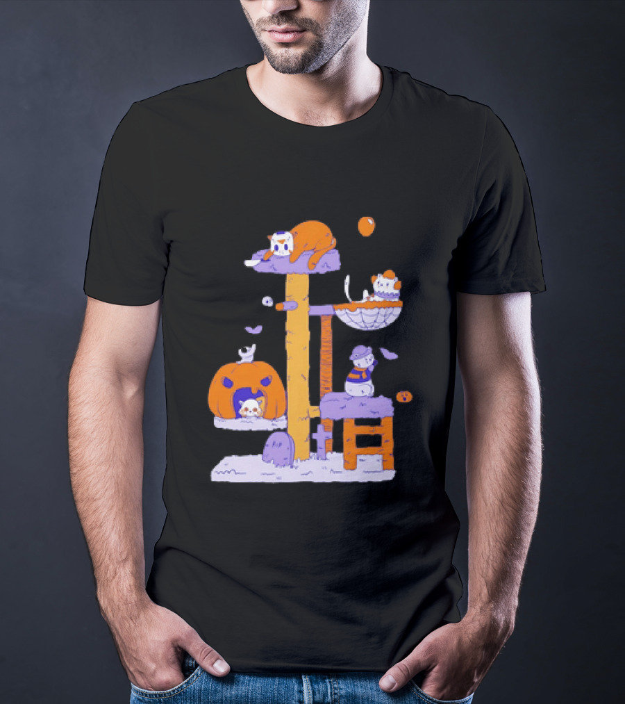 Cat Horror Pumpkin Tree Halloween Cats T-Shirt