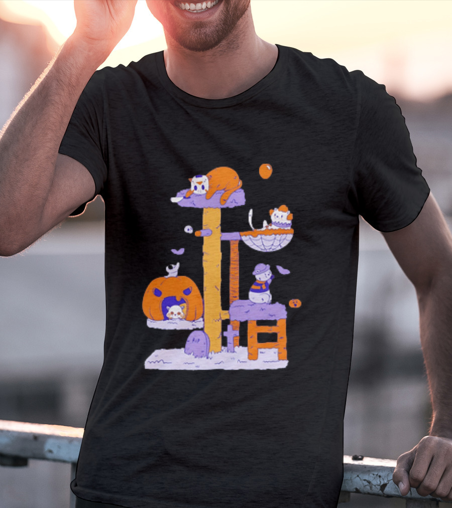 Cat Horror Pumpkin Tree Halloween Cats T-Shirt