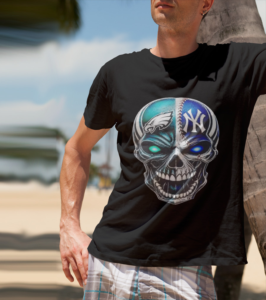 Philadelphia Eagles New York Yankees Skull Glow Eyes T-Shirt