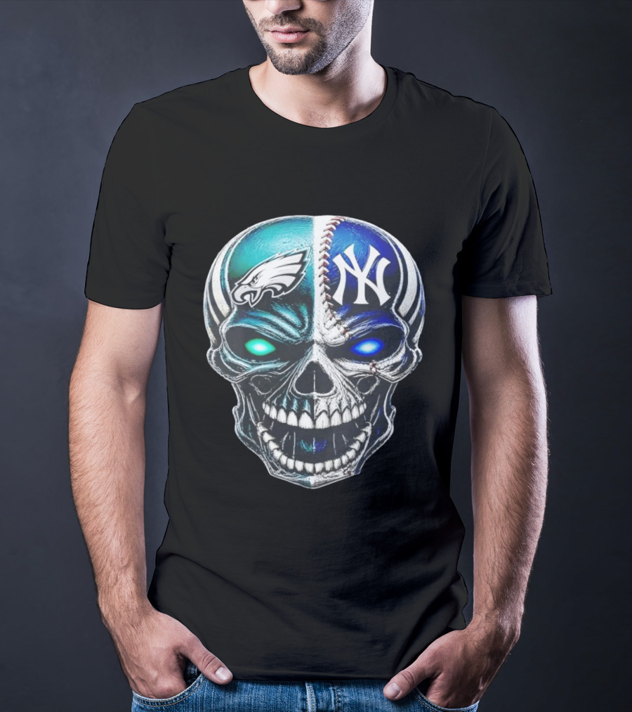 Philadelphia Eagles New York Yankees Skull Glow Eyes T-Shirt
