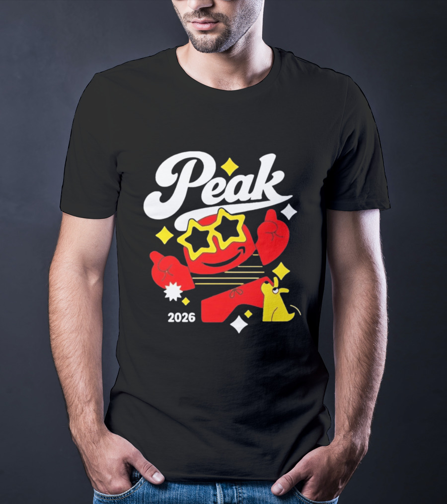 Peak 2026 Red Character With Star Glasses And Yellow Dog T-Shirt