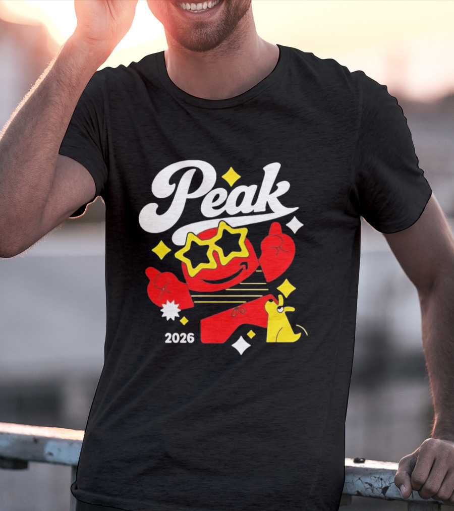 Peak 2026 Red Character With Star Glasses And Yellow Dog T-Shirt