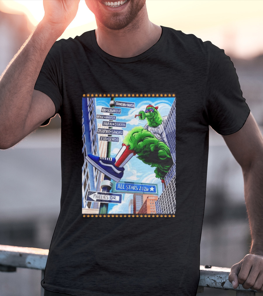 Phillies Dr Phillie Phanatic Brandon Marsh Kyle Schwarber Bryce Harper Johan Duran Christopher Sanchez Jesus Luzardo All Stars 2026 T-Shirt