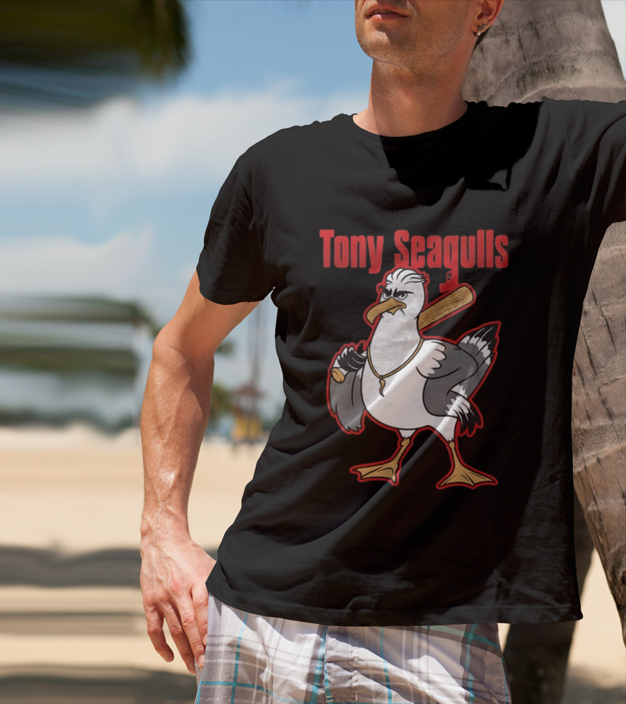 Tony Seagulls Baseball Cartoon Character With Bat T-Shirt