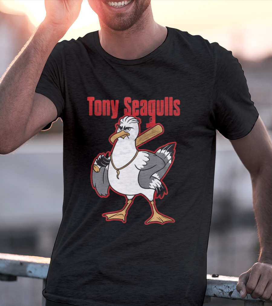 Tony Seagulls Baseball Cartoon Character With Bat T-Shirt
