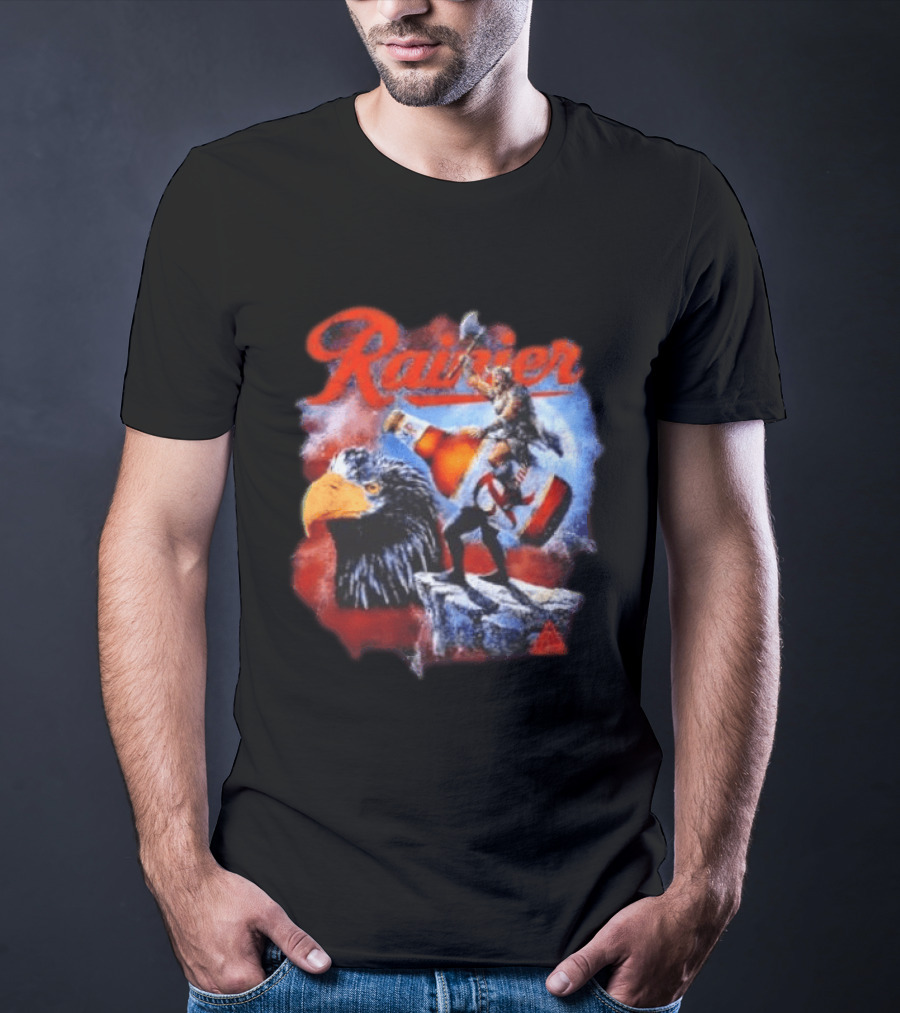 Rainier Beer Viking Holding Beer Riding Eagle On Rock T-Shirt