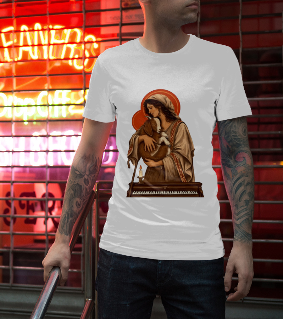 Woman Embracing Goat With Candle And Piano Halo T-Shirt
