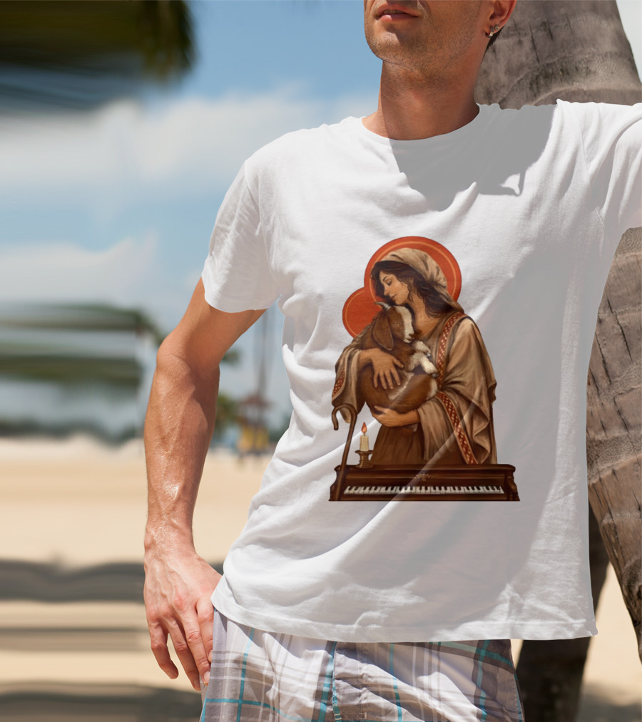 Woman Embracing Goat With Candle And Piano Halo T-Shirt