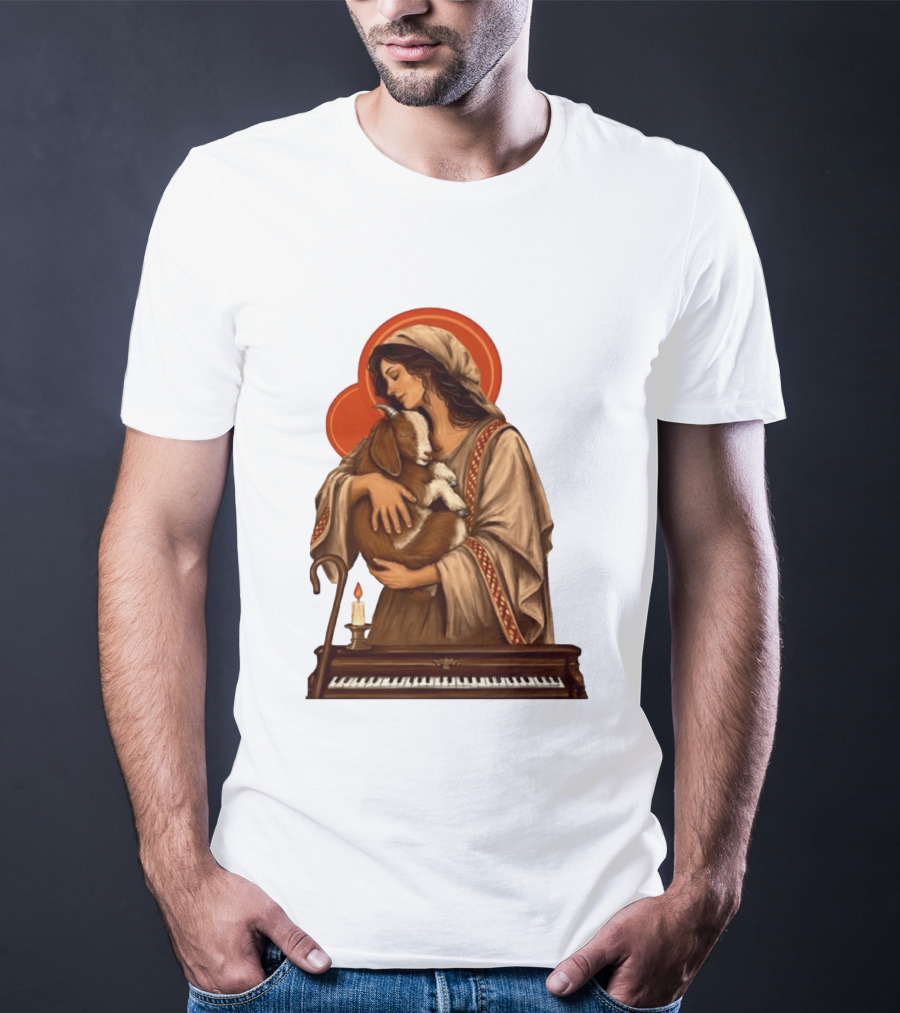 Woman Embracing Goat With Candle And Piano Halo T-Shirt