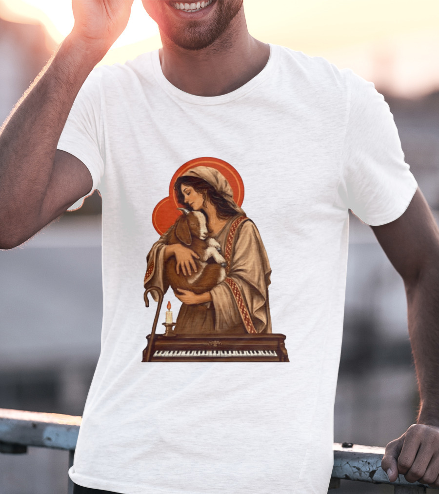 Woman Embracing Goat With Candle And Piano Halo T-Shirt