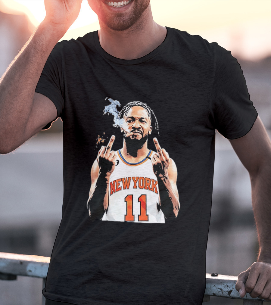 New York Knicks Jalen Brunson 11 Smoking Cigar Middle Finger Pose T-Shirt