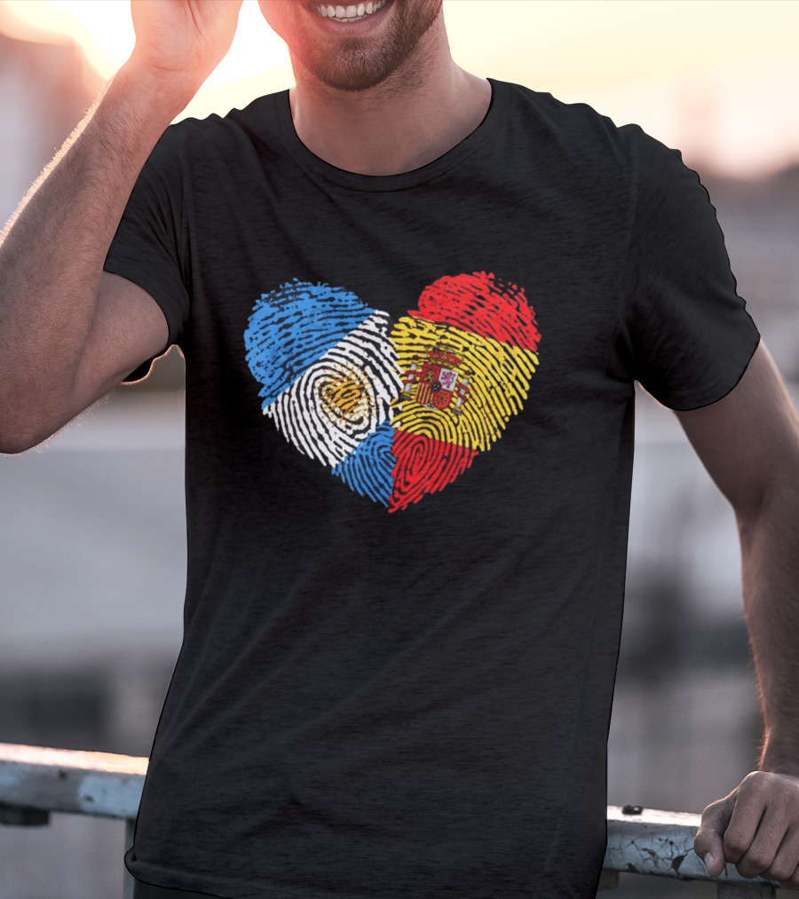 Half Spain Half Argentine Heart Fingerprints Flags Spain Argentina T-Shirt