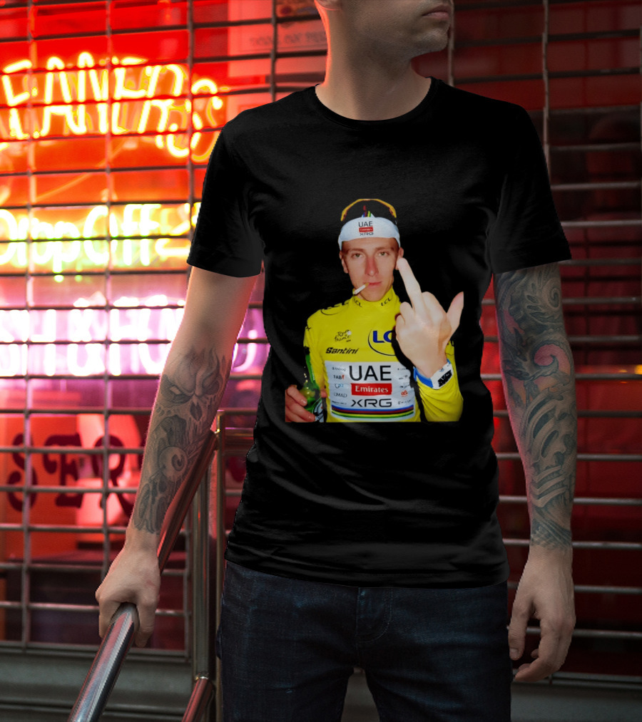 Tadej Pogačar Yellow Jersey Middle Finger Tour De France UAE Emirates LCL Santini T-Shirt