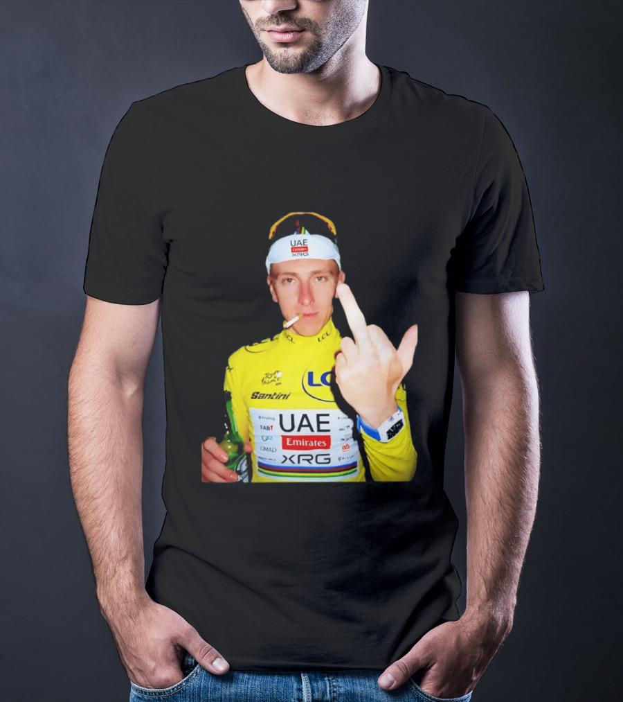 Tadej Pogačar Yellow Jersey Middle Finger Tour De France UAE Emirates LCL Santini T-Shirt