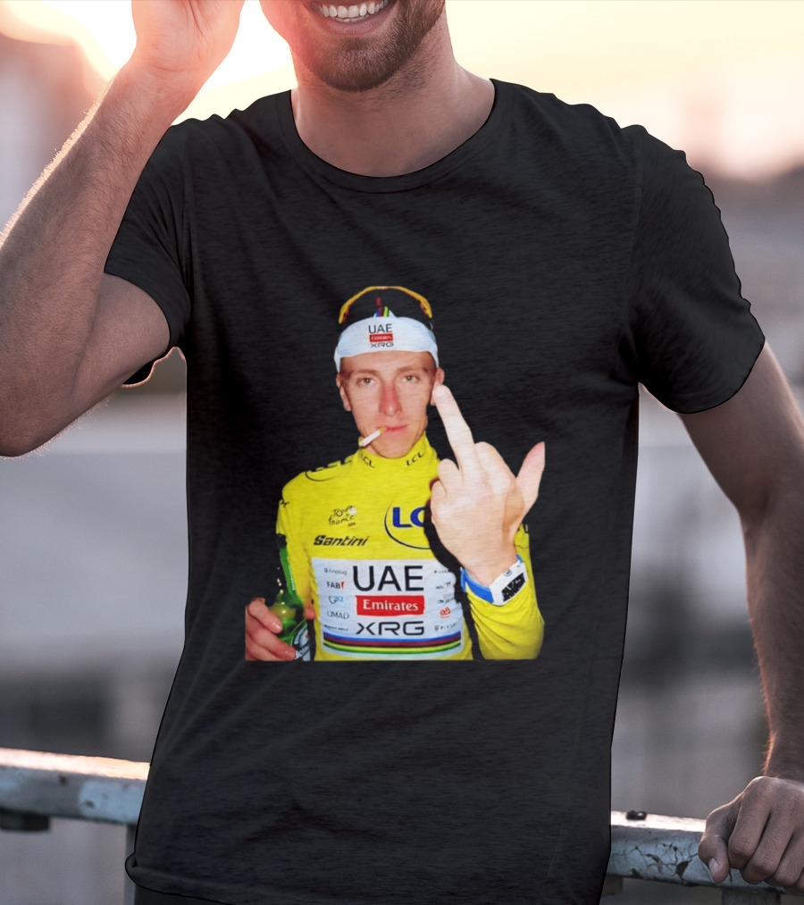 Tadej Pogačar Yellow Jersey Middle Finger Tour De France UAE Emirates LCL Santini T-Shirt