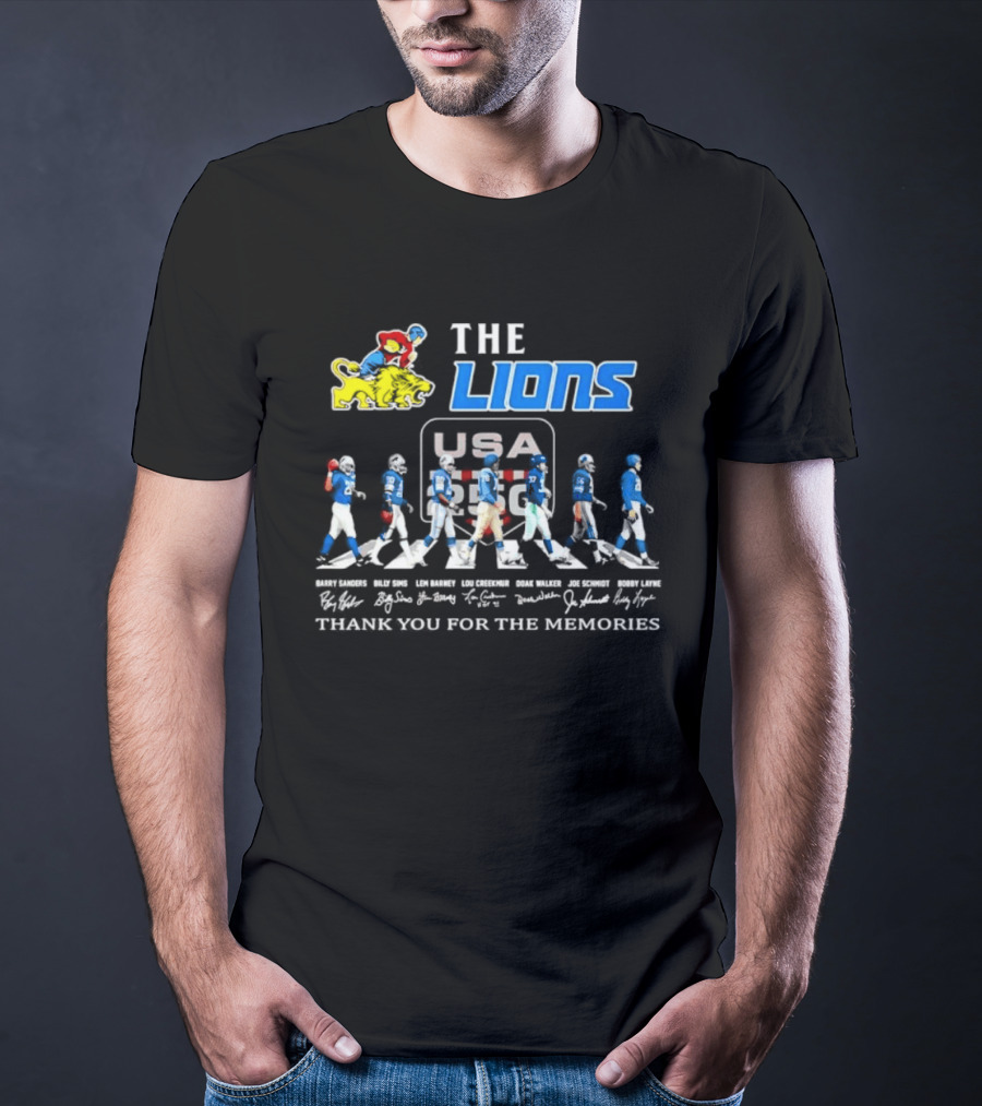 The Lions Legends USA Tour Barry Sanders Billy Sims Lem Barney Lou Creekmur Doak Walker Joe Schmidt Bobby Layne Thank You For The Memories T-Shirt