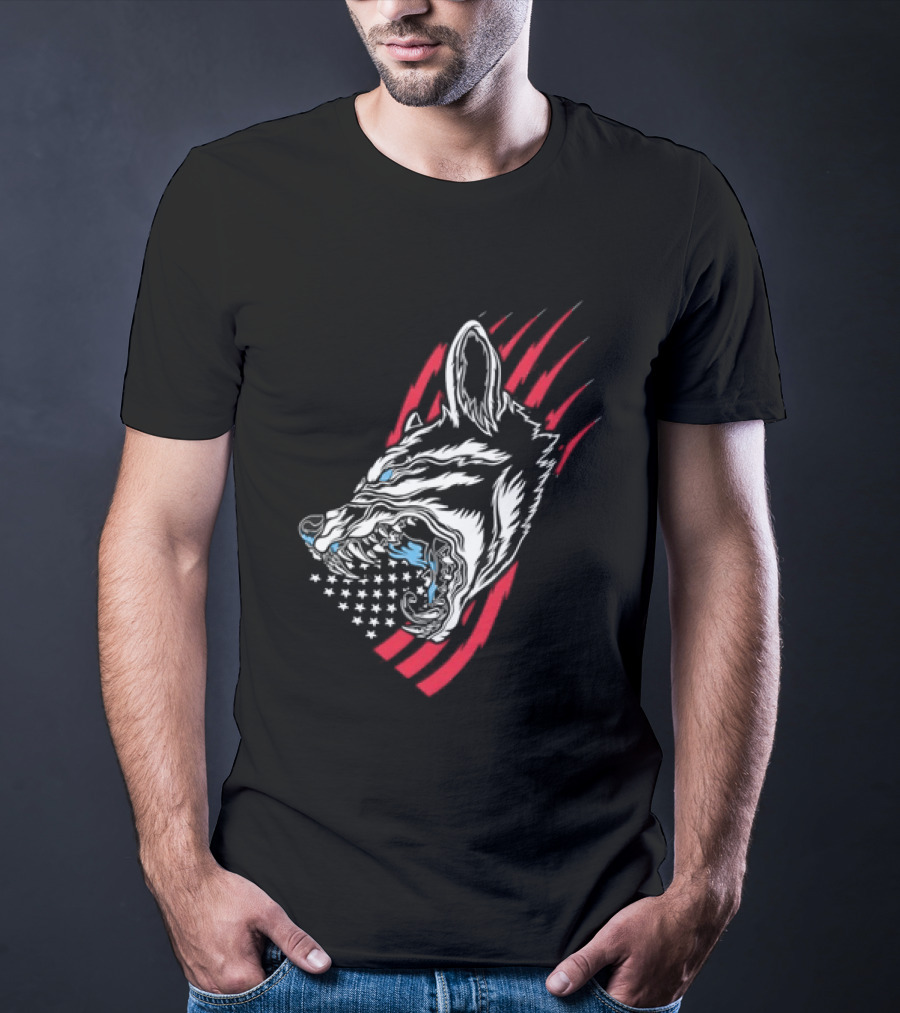 Wolf Snarling With Stars And Stripes American Flag T-Shirt