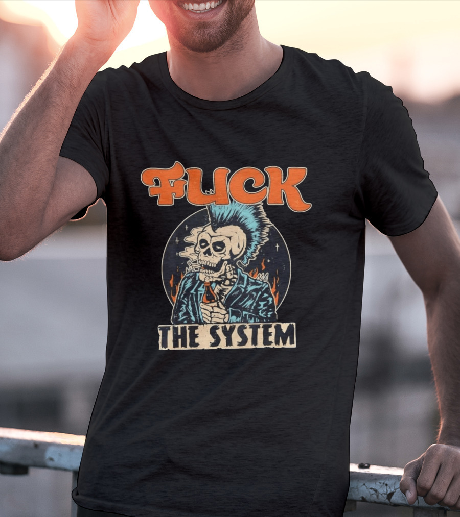 Fuck The System Punk Skeleton Smoking Beer Mohawk Jacket Spikes T-Shirt