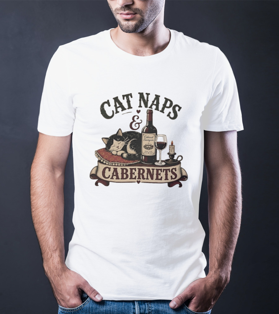 Cat Naps And Cabernet Sauvignon With Cozy Cat And Candle T-Shirt