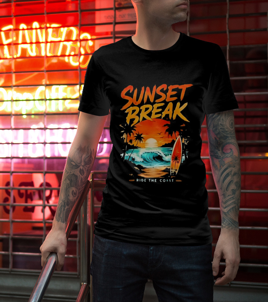 Sunset Break Surfing Ride The Coast Ocean Waves And Surfboard Scene T-Shirt